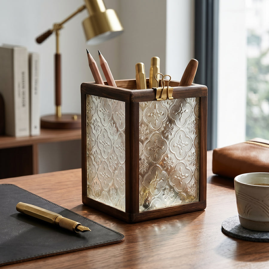 Textured glass pen holder scene