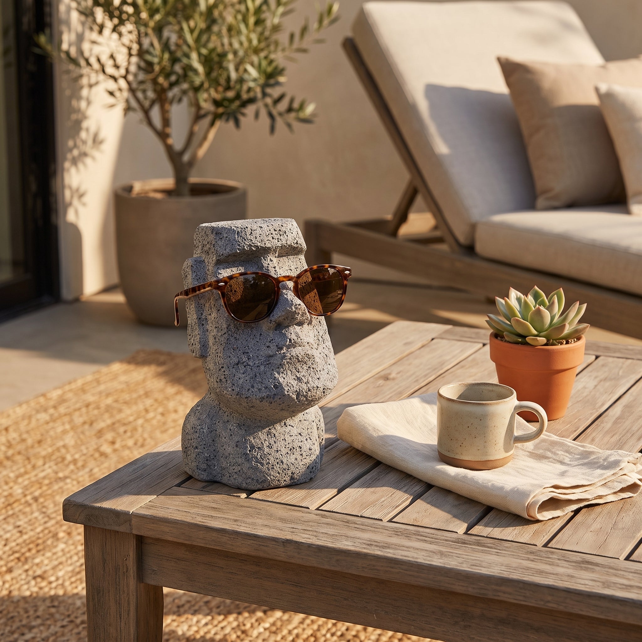 Stone figure glasses stand in a warm lifestyle scene