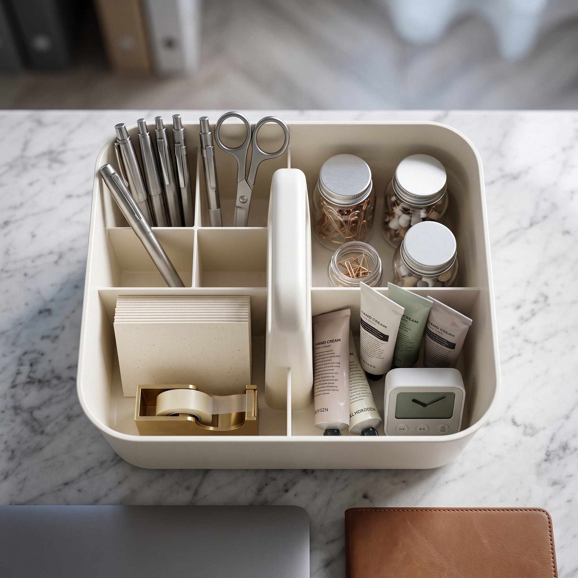 Desktop caddy in a refined workspace