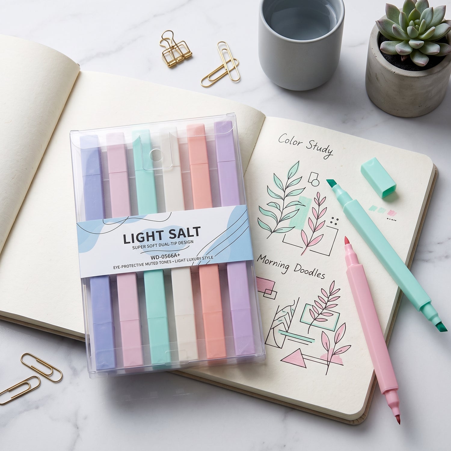 Pastel highlighters journal scene